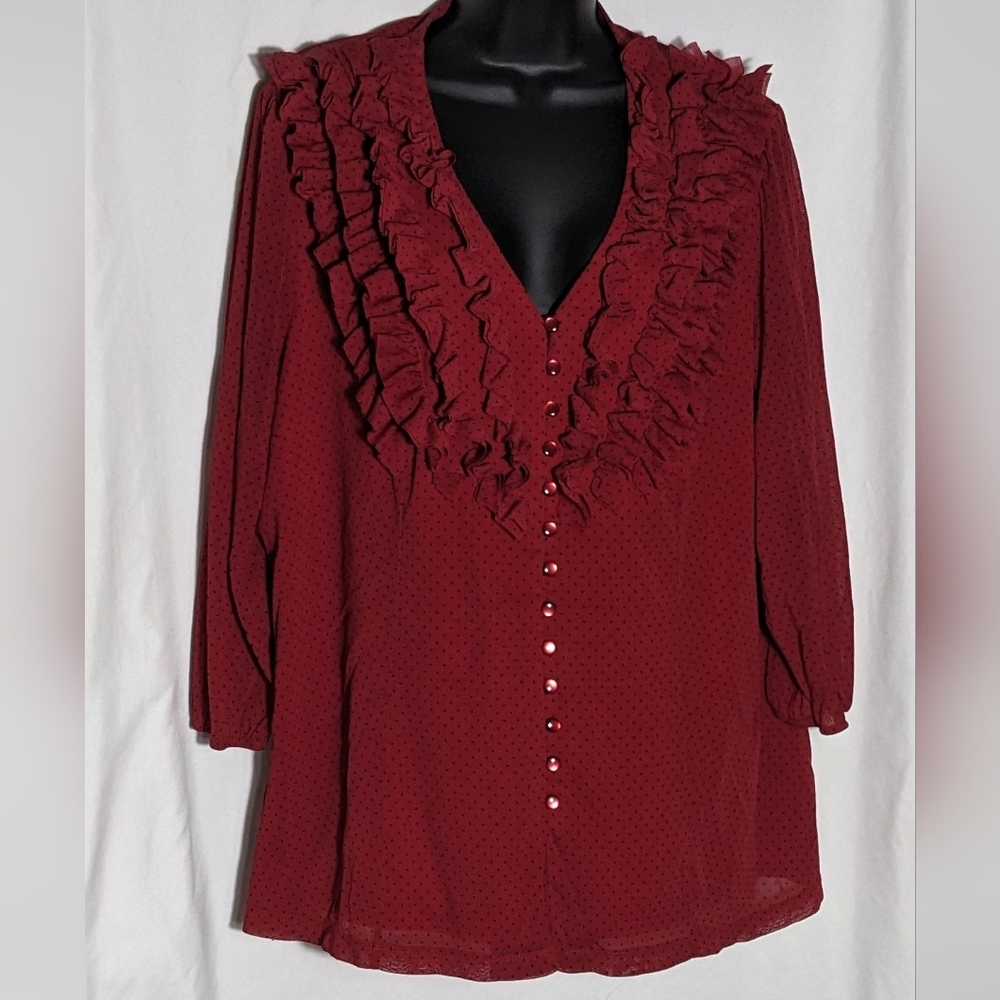Women's Apt. 9 Ruffle V-neck Red‎ with Black polka dot top | Size 2X